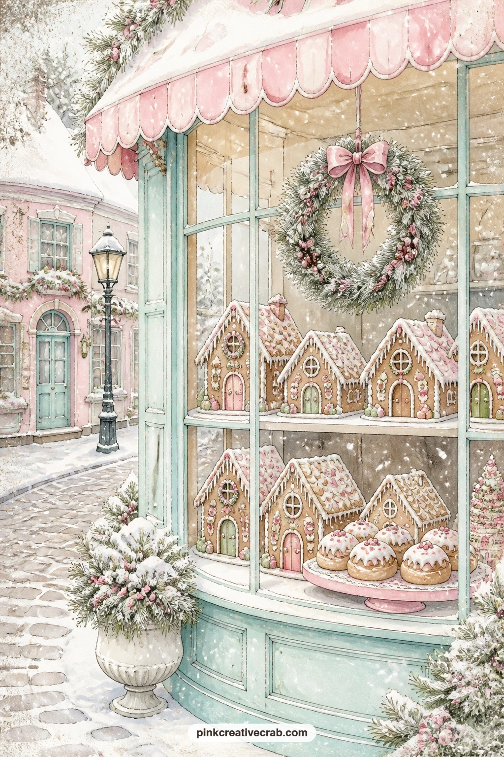 Bakery Window With Gingerbread Houses printable page — Snow falls past a bakery window lined with gingerbread houses and a frosted wreath hanging from the