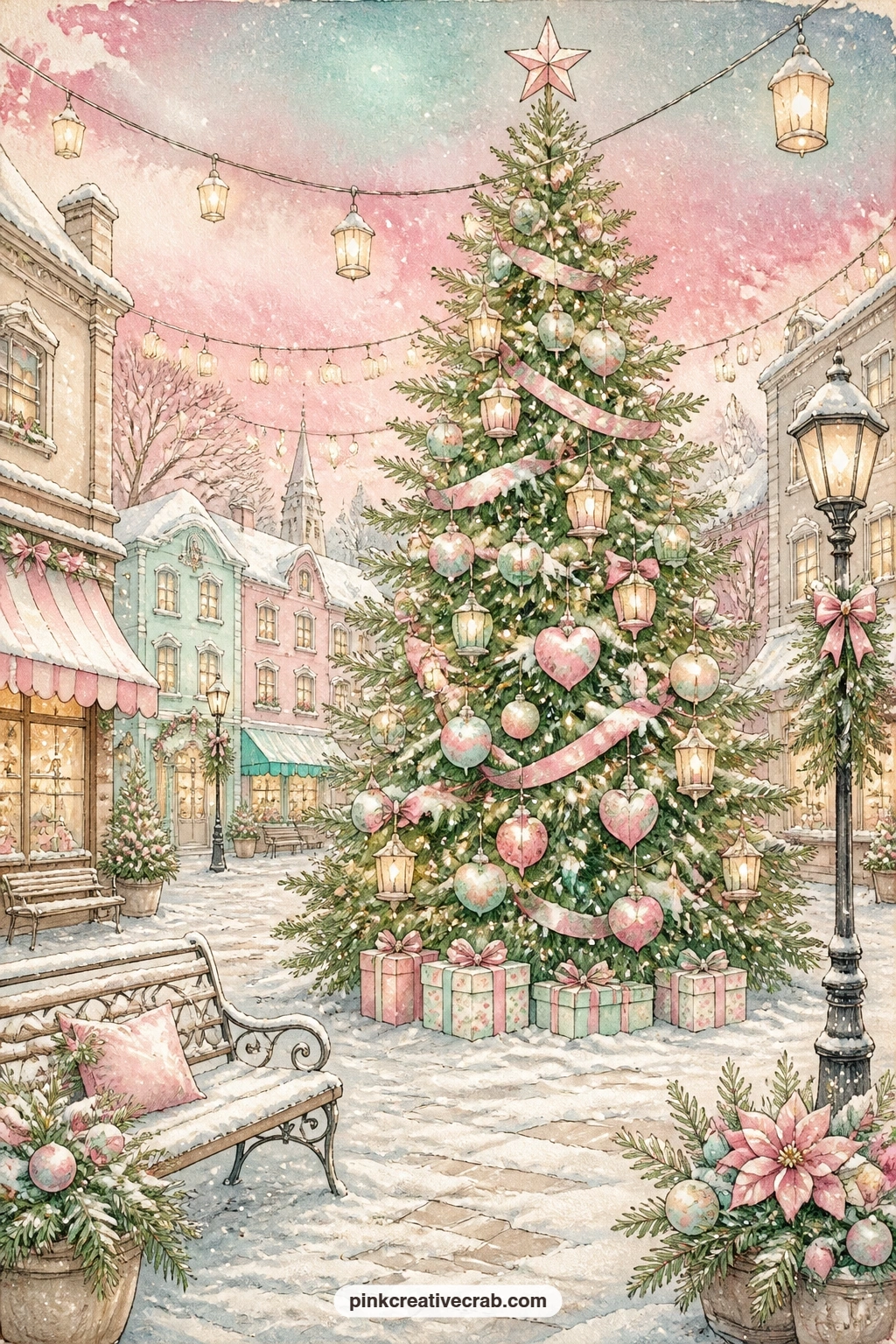 Town Square With Decorated Tree printable page — Pair this page with the lamp post and snowflake background from this set, using a strip of it as a border