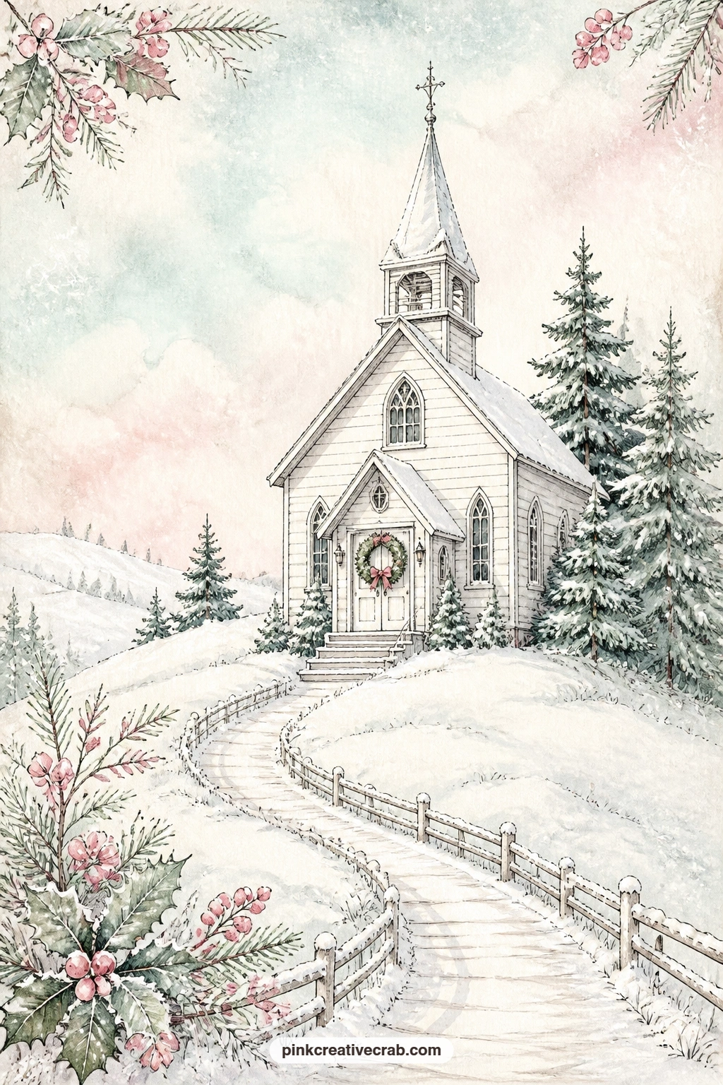 White Chapel On The Hill printable page — A white chapel sits on a snowy hill with a wreath on its door and a stand of pine trees leaning against the wind
