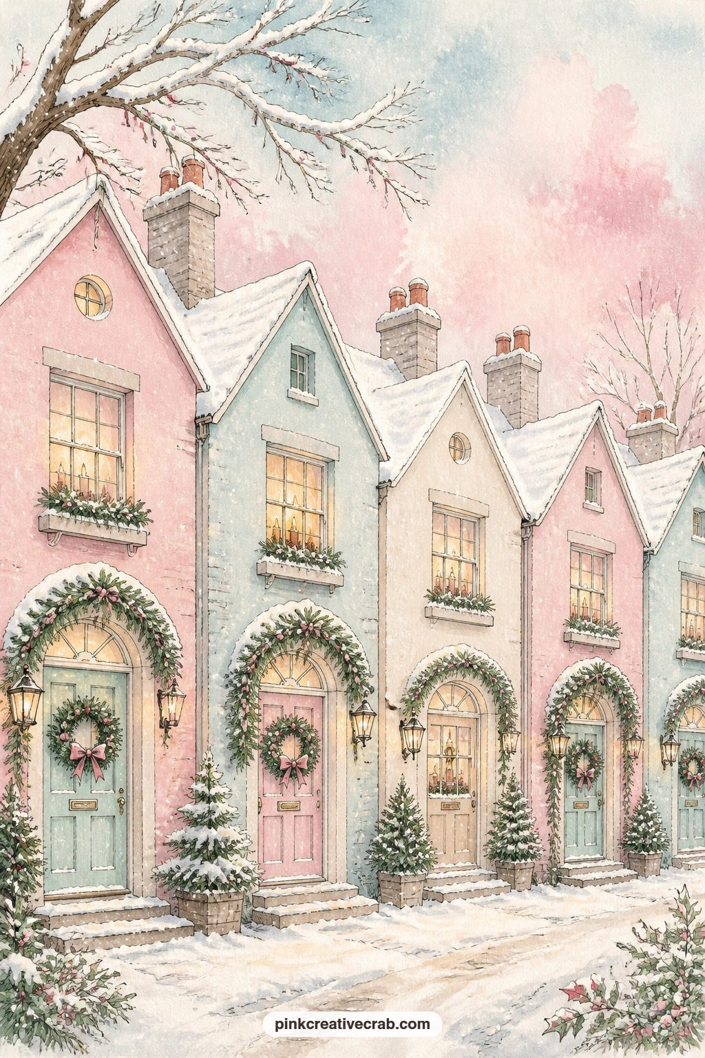 Row Of Pastel Cottages printable page — One common mistake here is crowding every window with the same candle; stagger a few windows dark and a few lit