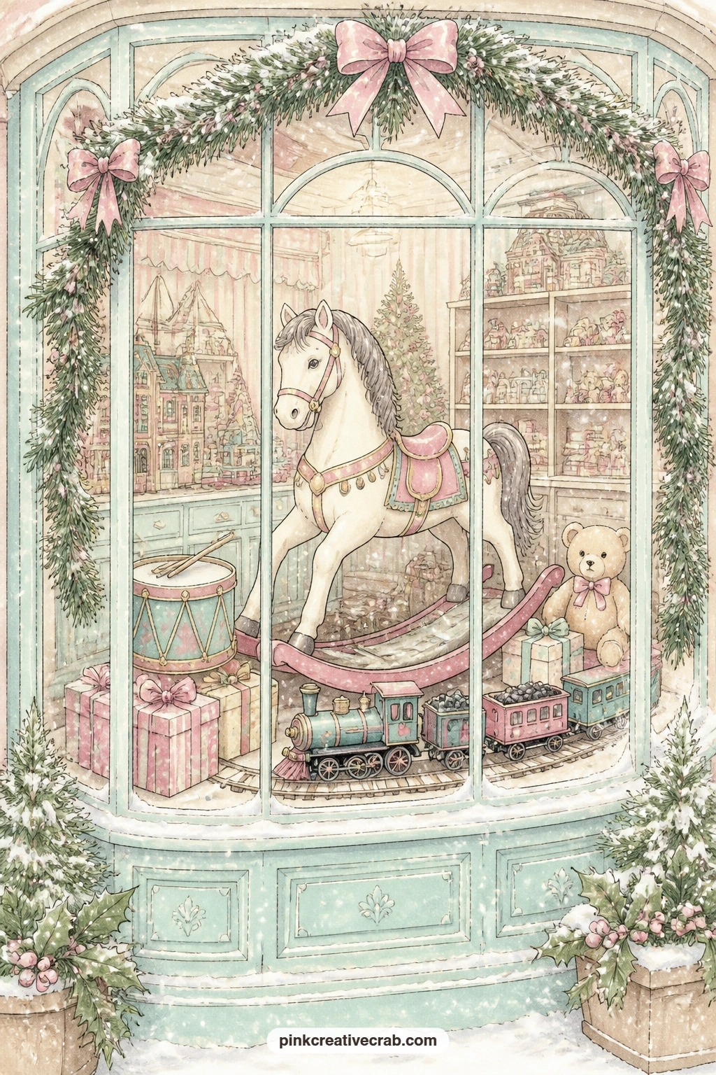 Toy Shop Window printable page — A rocking horse, a set of drums and a tiny train circle the floor of a toy shop window dressed for the season, with a pine