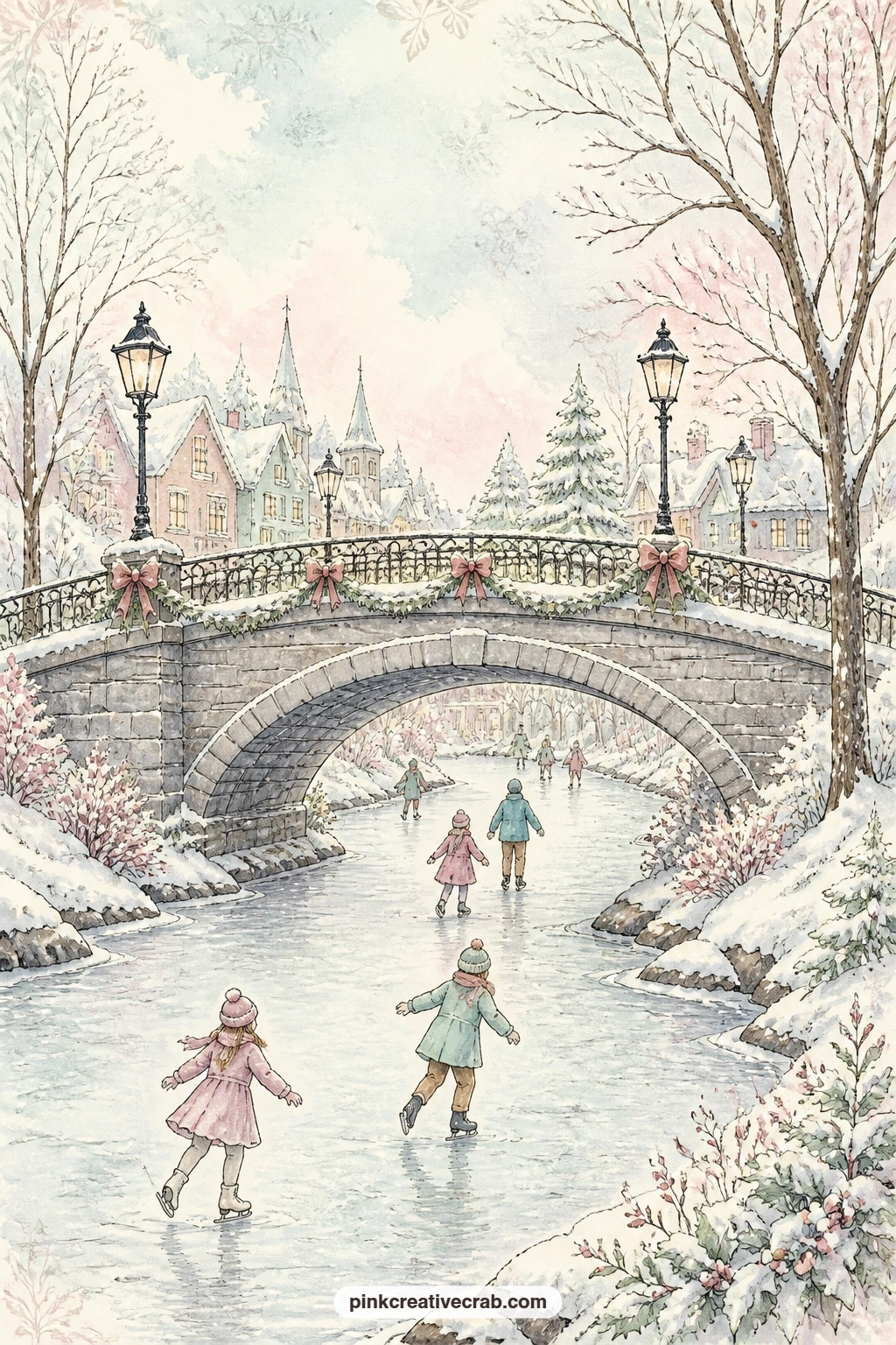 Village Bridge Over Frozen Stream printable page — Skaters cross a frozen stream under a village bridge lined with lamp posts, built for a short prompt: ask