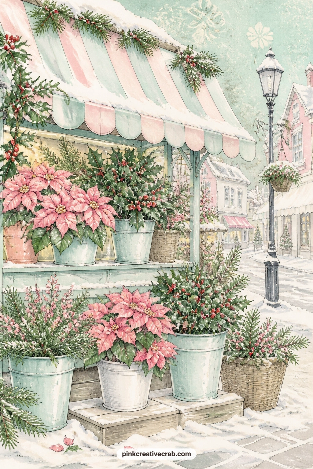 Flower Stall In Snow printable page — Poinsettias and bunches of holly crowd a flower stall under a striped awning, snow settling on the canvas edge as a