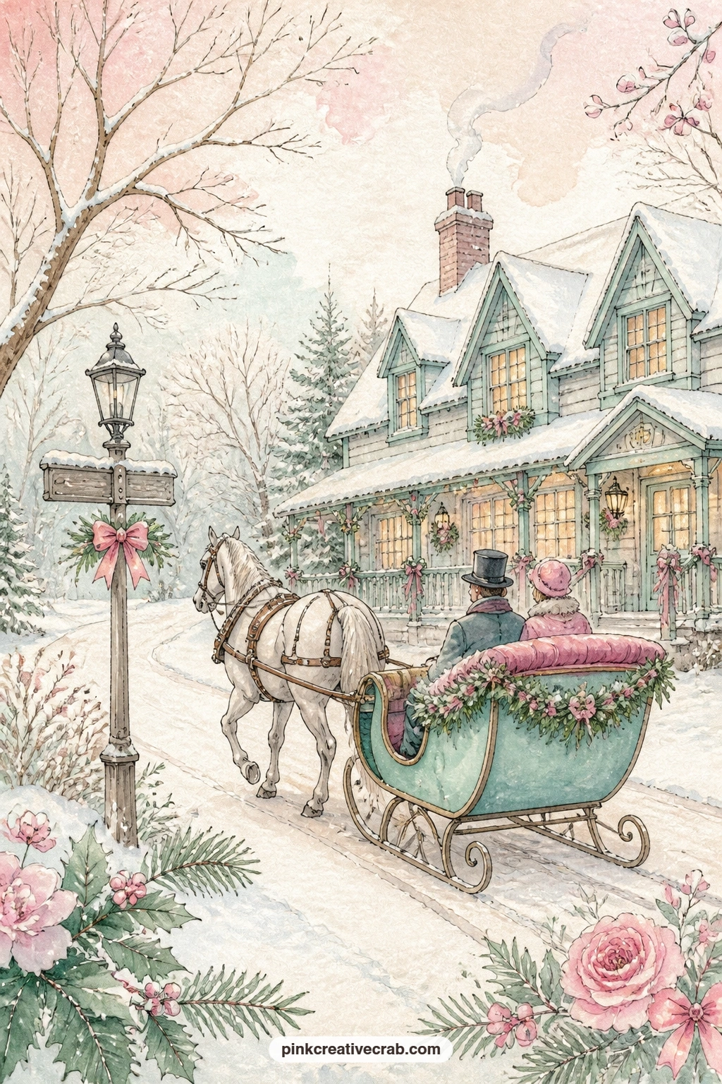 Horse Drawn Sleigh Passing An Inn printable page — Place this page beside the bridge scene in a spread, letting the sleigh's path lead the eye toward the