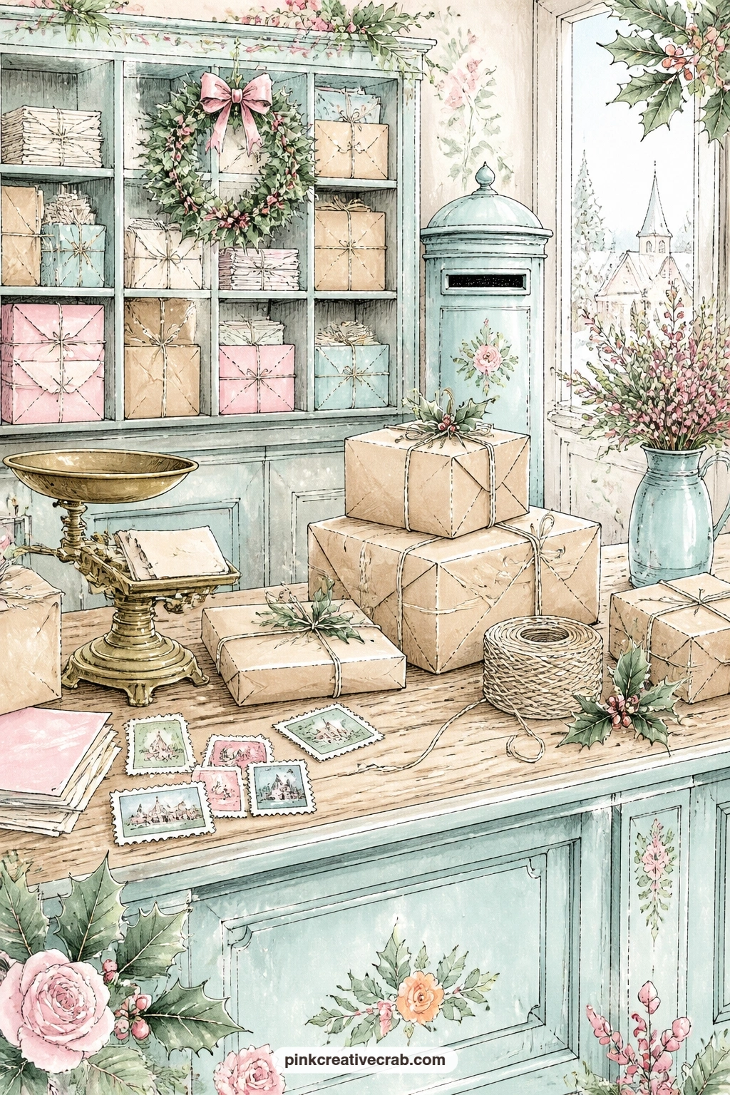 Post Office Counter With Parcels printable page — Wrapped parcels, loose string and a brass scale sit on a post office counter dressed for the rush before the