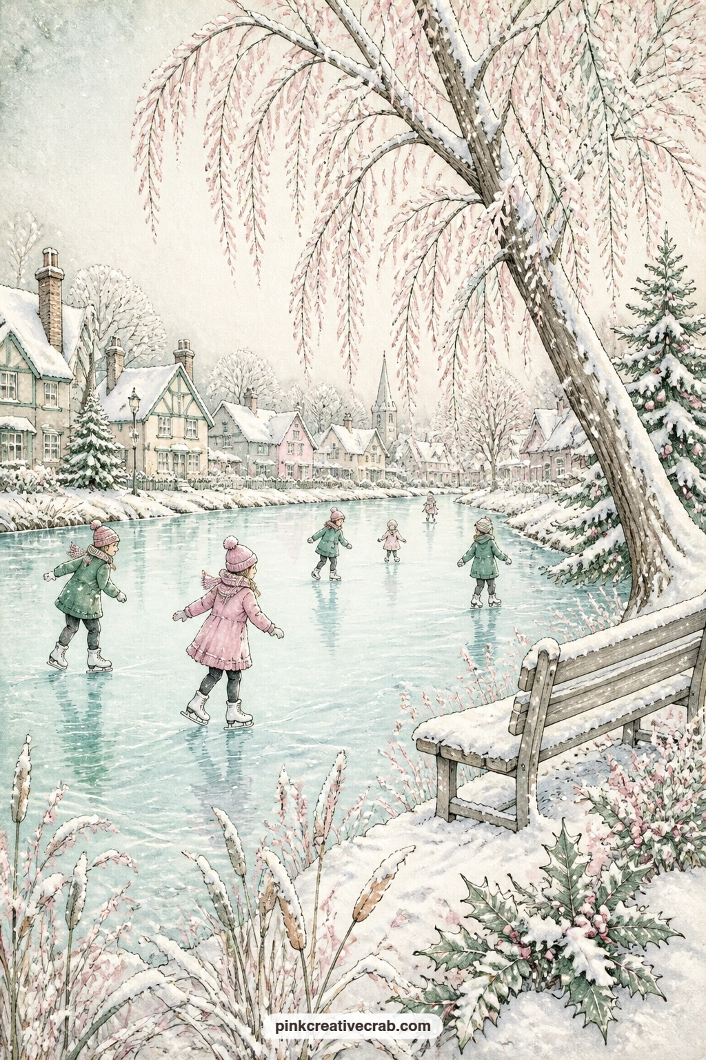 Village Pond With Skaters printable page — A willow leans over a frozen pond where children skate past a wooden bench, best paired with the snowy rooftop