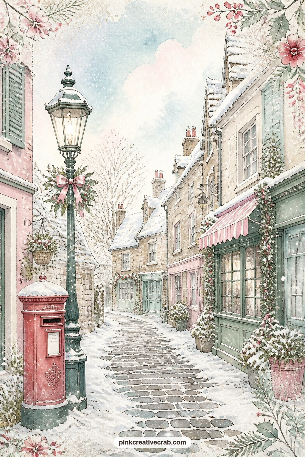 Cobbled Lane With Red Mailbox printable page — Fresh snow covers a cobbled lane where a street lamp and a red mailbox stand side by side, the kind of quiet