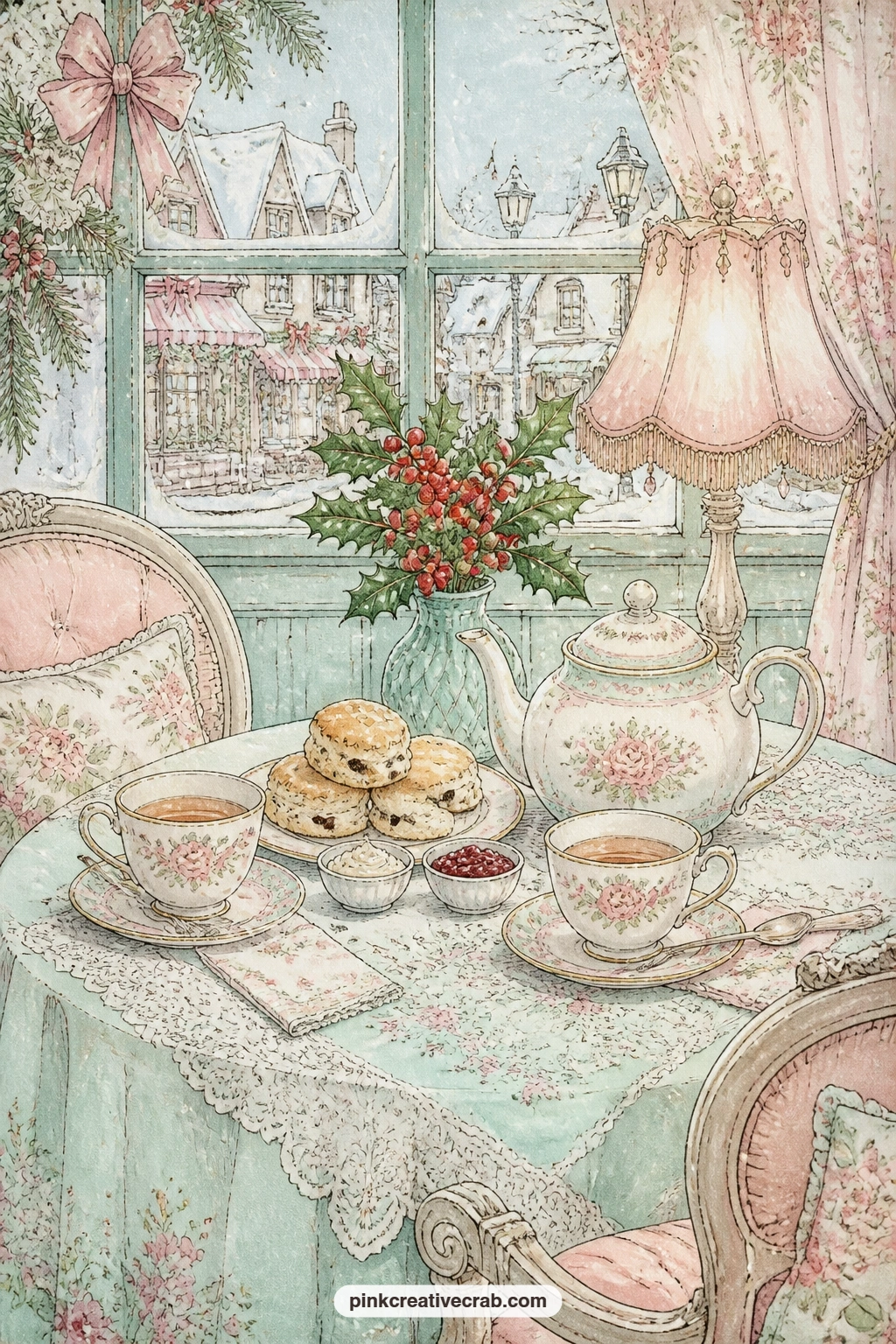 Cozy Tea Room Table printable page — Scones, a teapot and a window streaked with snowfall set a tea room table for one or two, well suited to gluing in a