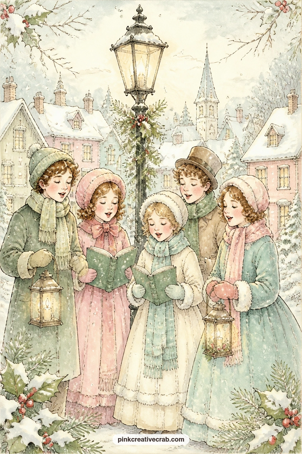 Carolers By A Lamp Post printable page — A small group of carolers gathers by a lamp post, scarves wound tight and mittened hands holding a lantern against the