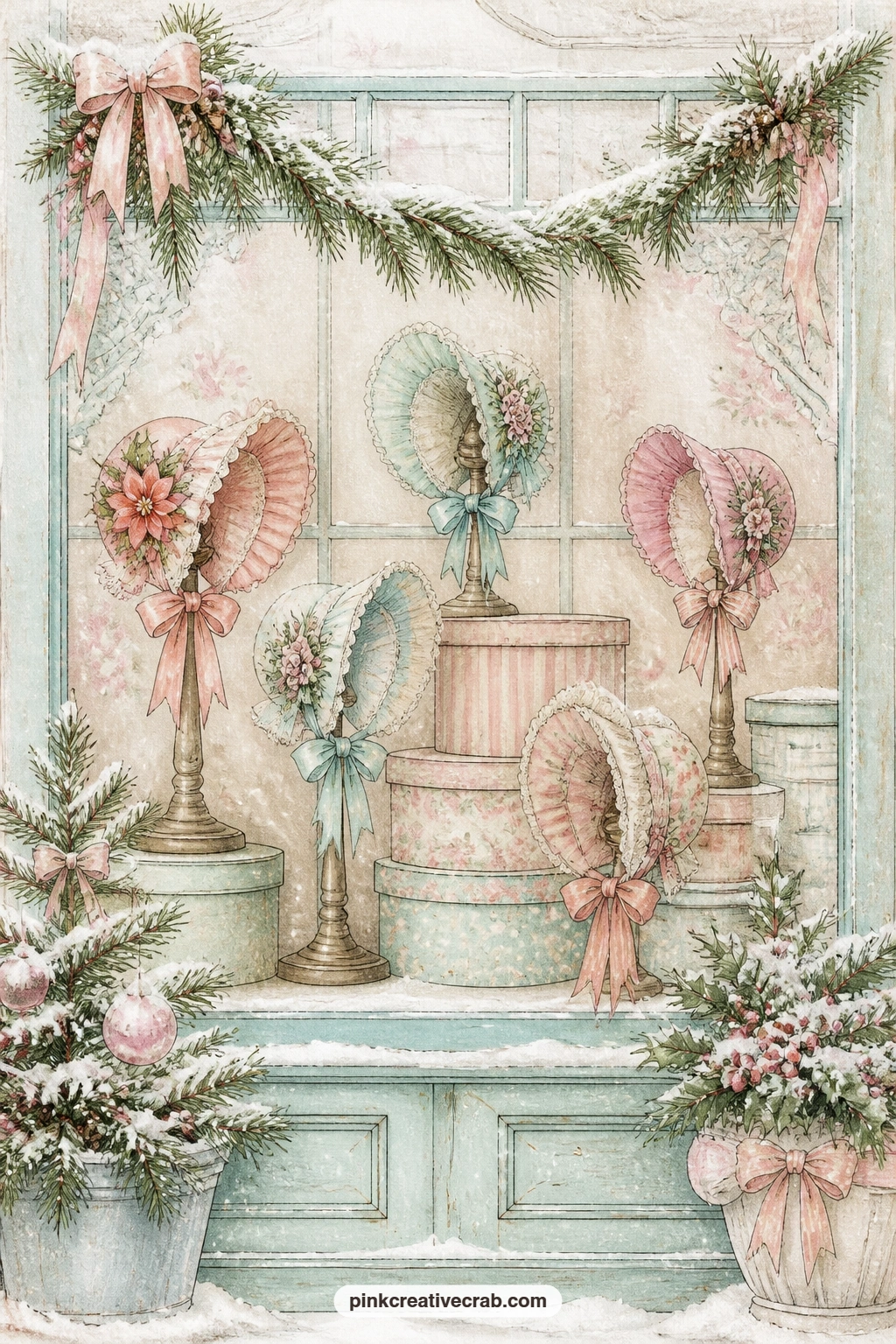 Hat Shop Window With Bonnets printable page — Ribboned bonnets, stacked hat boxes and a pine garland fill a hat shop window, a good fit for a journal made as a