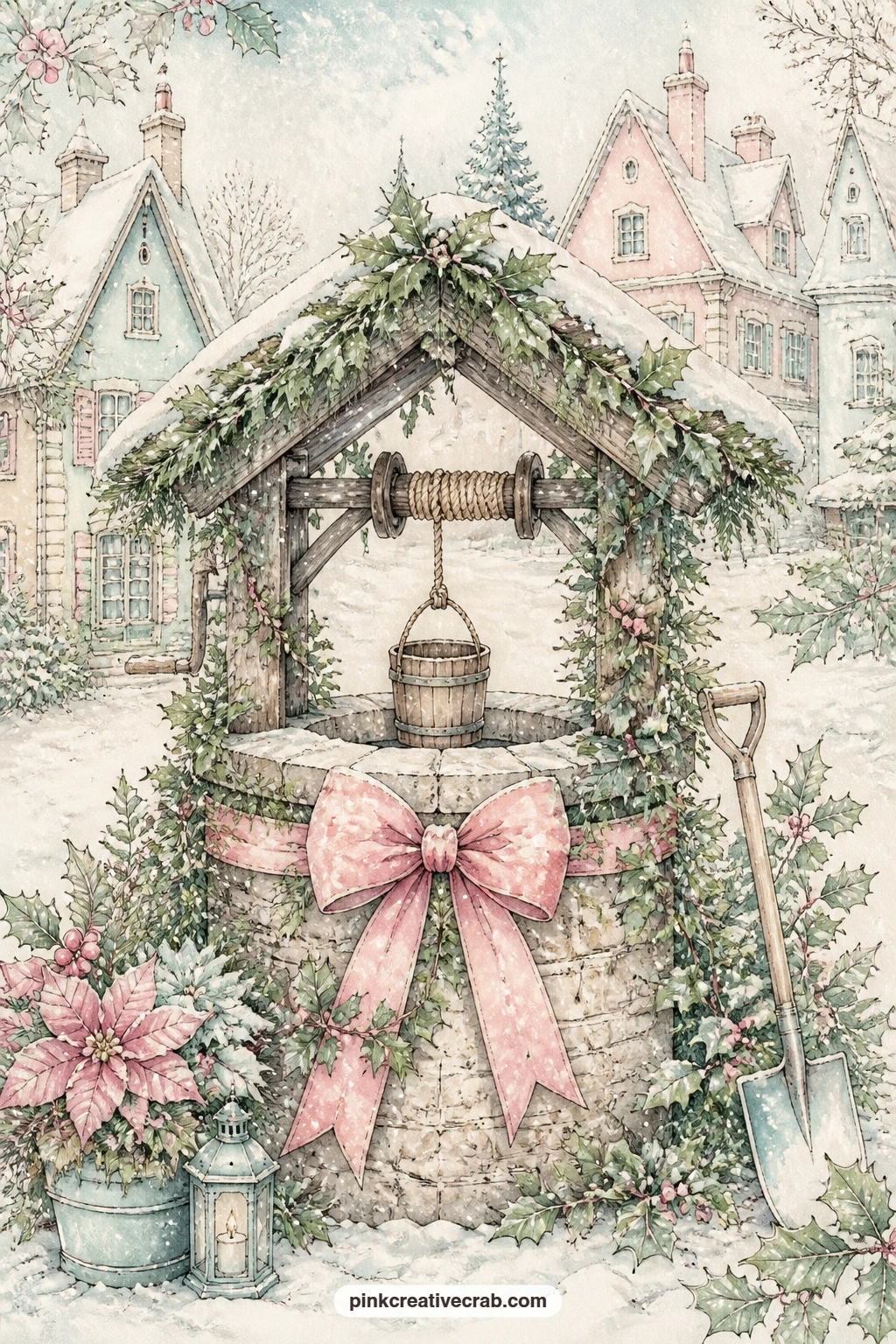 Village Well Wrapped In Greenery printable page — Greenery winds around an old village well, finished with a wide bow, while snowy rooftops rise behind it in