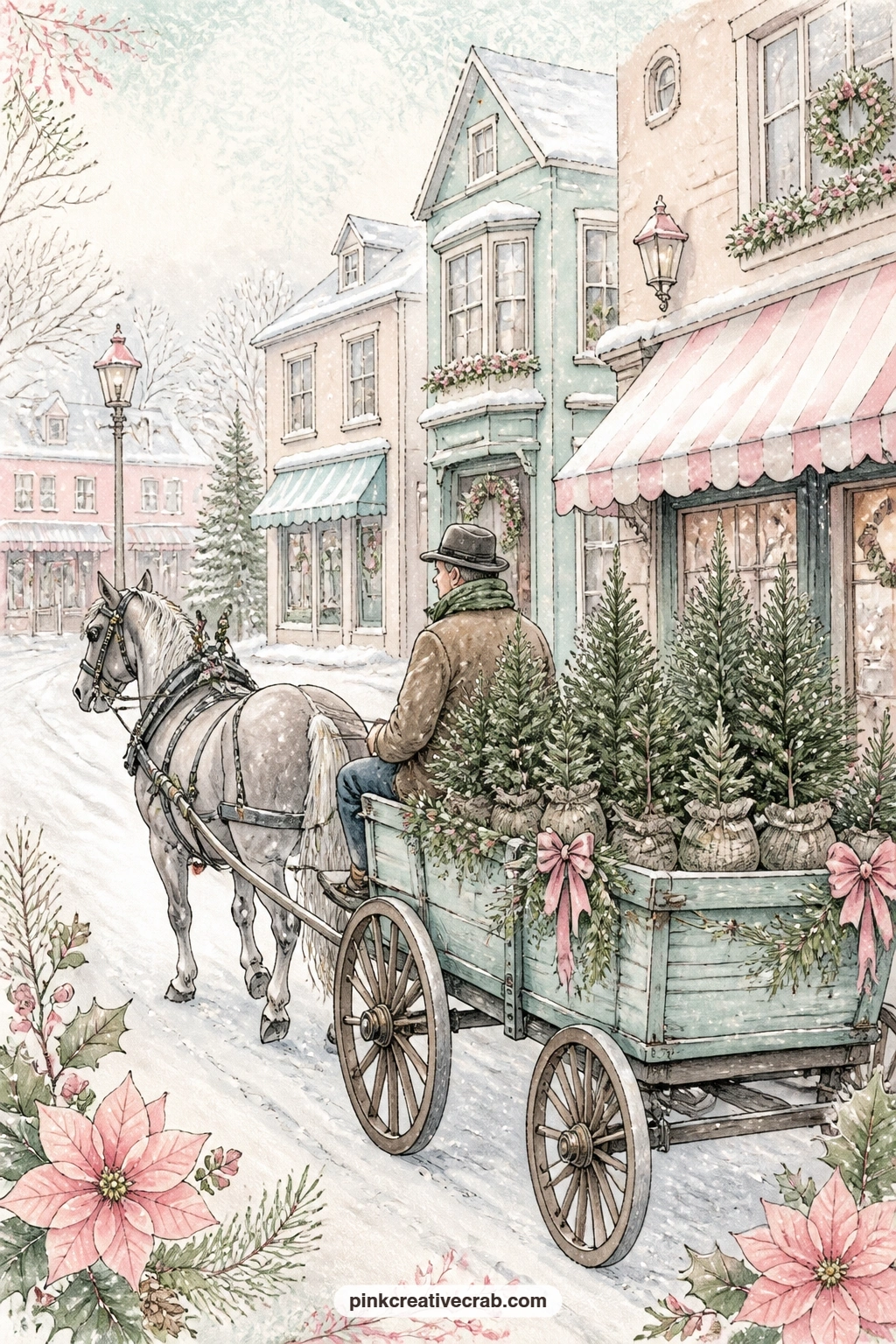Market Cart Of Christmas Trees printable page — A gray pony pulls a cart loaded with Christmas trees through the snow, one of the busier pages in the set, so