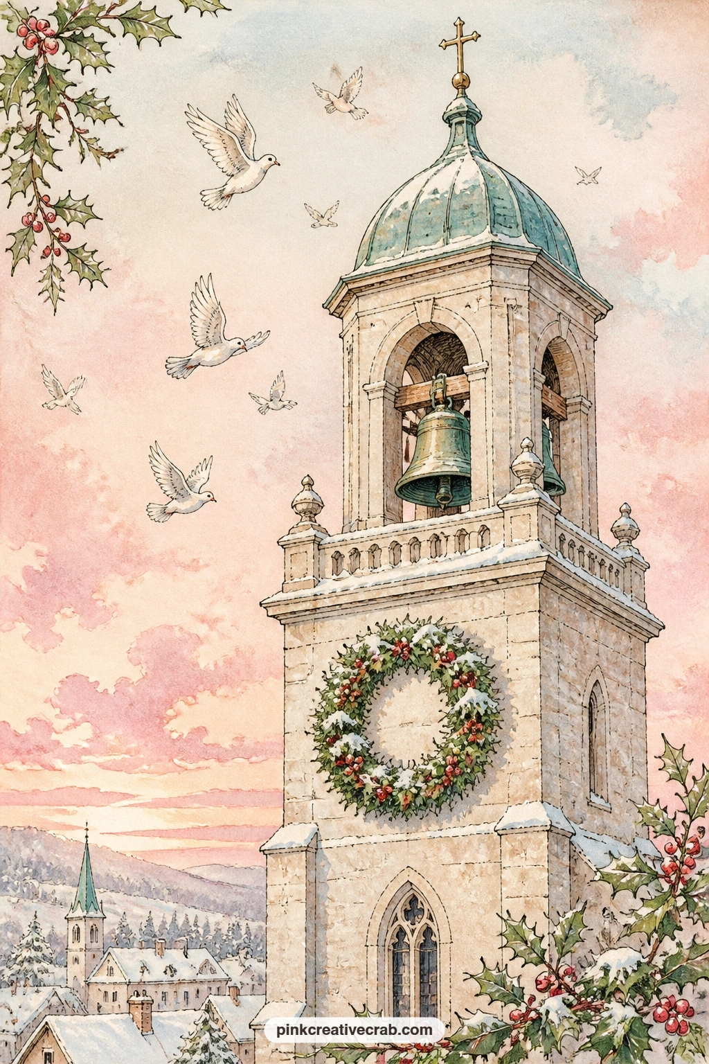 Church Bell Tower At Dusk printable page — A holly wreath hangs on the church bell tower while doves circle against a pale pink sky, the quietest page in the