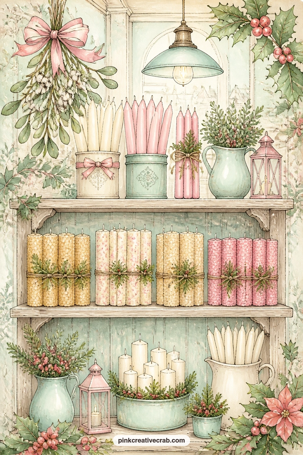 Candle Shop Shelf printable page — Tapers, bundled beeswax candles and a sprig of mistletoe line a narrow shop shelf, small enough in detail to finish in a