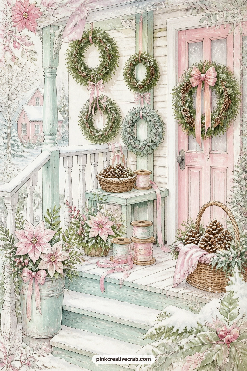 Wreath Maker's Porch printable page — Hanging wreaths, loose ribbons and a basket of pinecones crowd a wreath maker's porch, the last scene page in the village