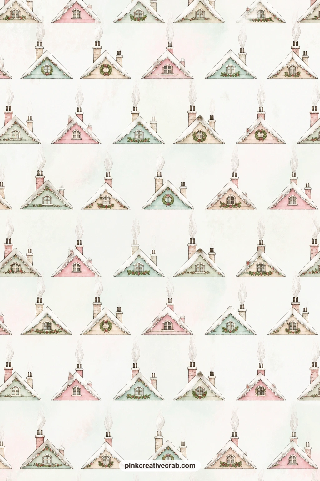 Snowy Rooftop And Chimney Pattern printable page — Rows of small snowy rooftops and chimneys repeat edge to edge in this background, built for lining the
