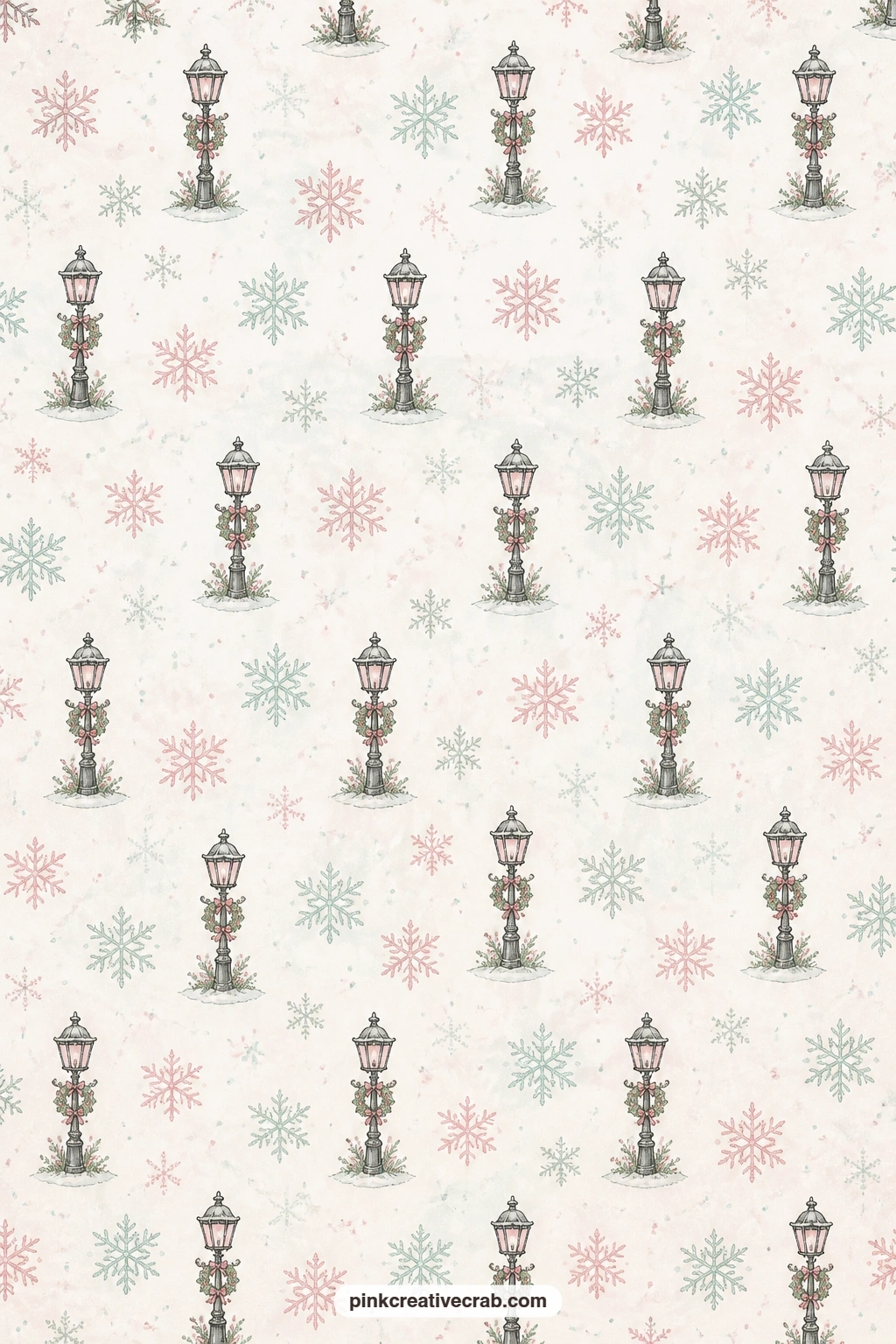 Village Lamp Post And Snowflake Pattern printable page — Tiny lamp posts and falling snowflakes scatter across this paper in an all-over pattern, good under a