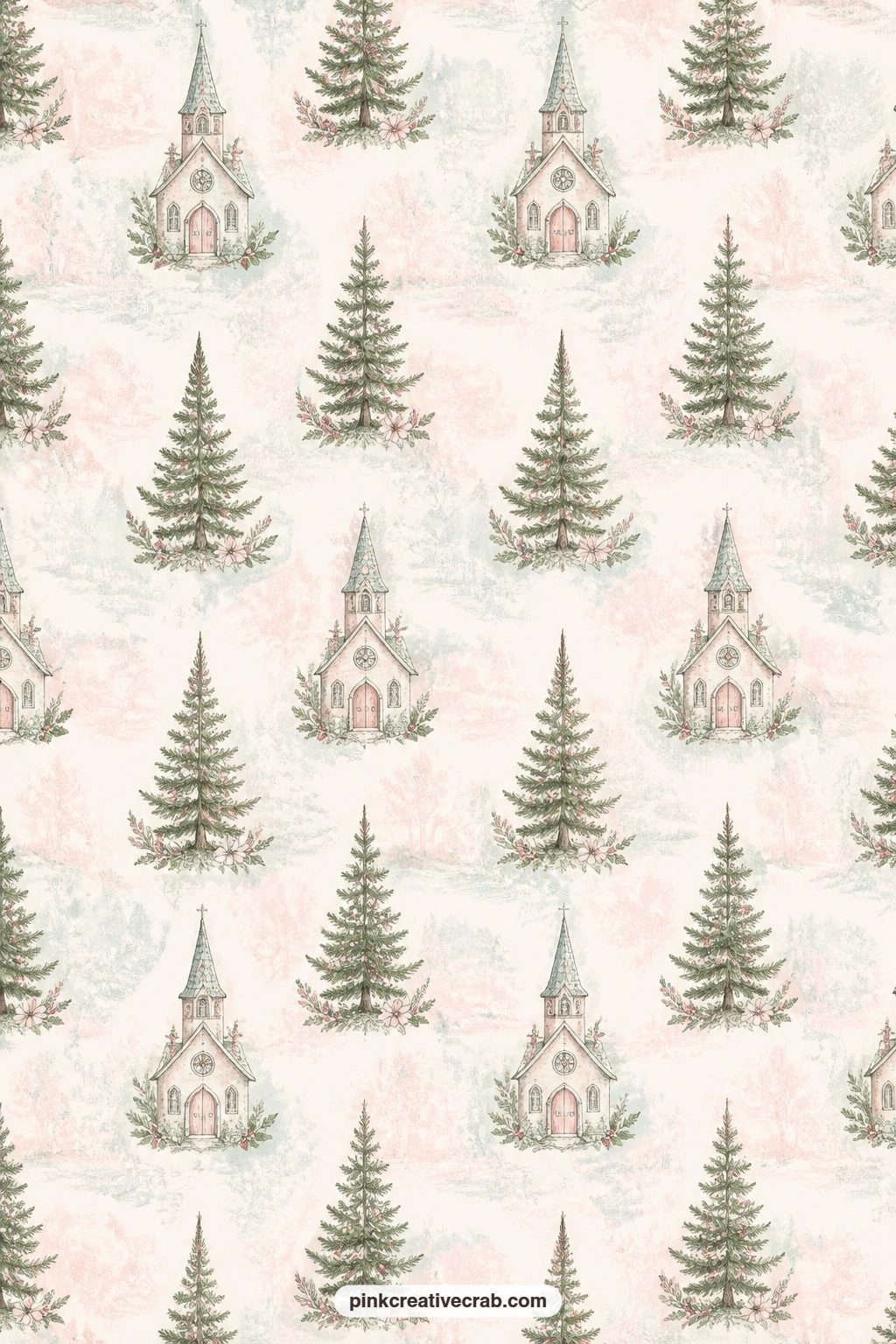 Little Steeple And Pine Tree Toile printable page — A toile style pattern of small steeples and pine trees repeats softly across the page, well suited to a