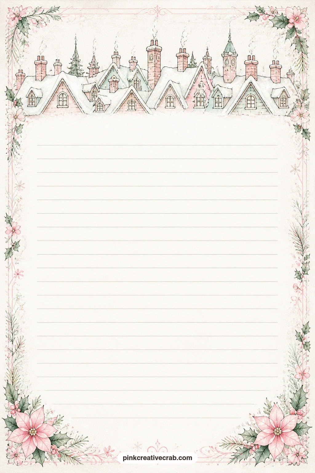 Snowy Rooftop Skyline Lined Page printable page — A band of snowy rooftops runs along the top of this page, leaving the ruled lines below free for a gift list