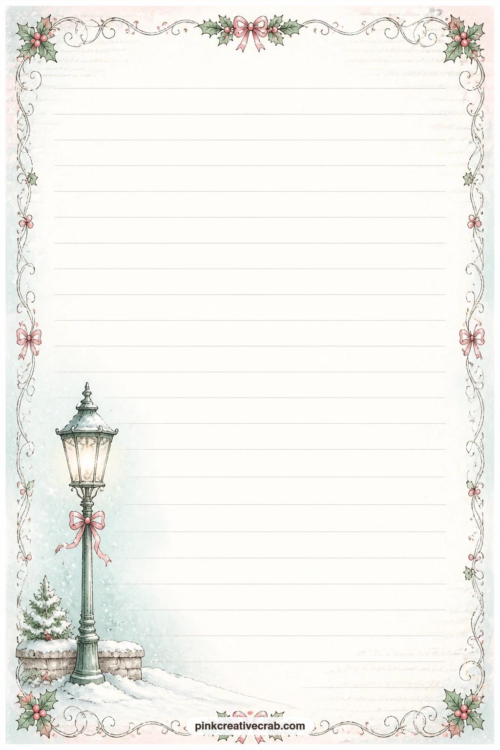 Village Street Lamp Corner Lined Page printable page — A single street lamp stands in one corner of this page, snow drifting lightly around its base, with the