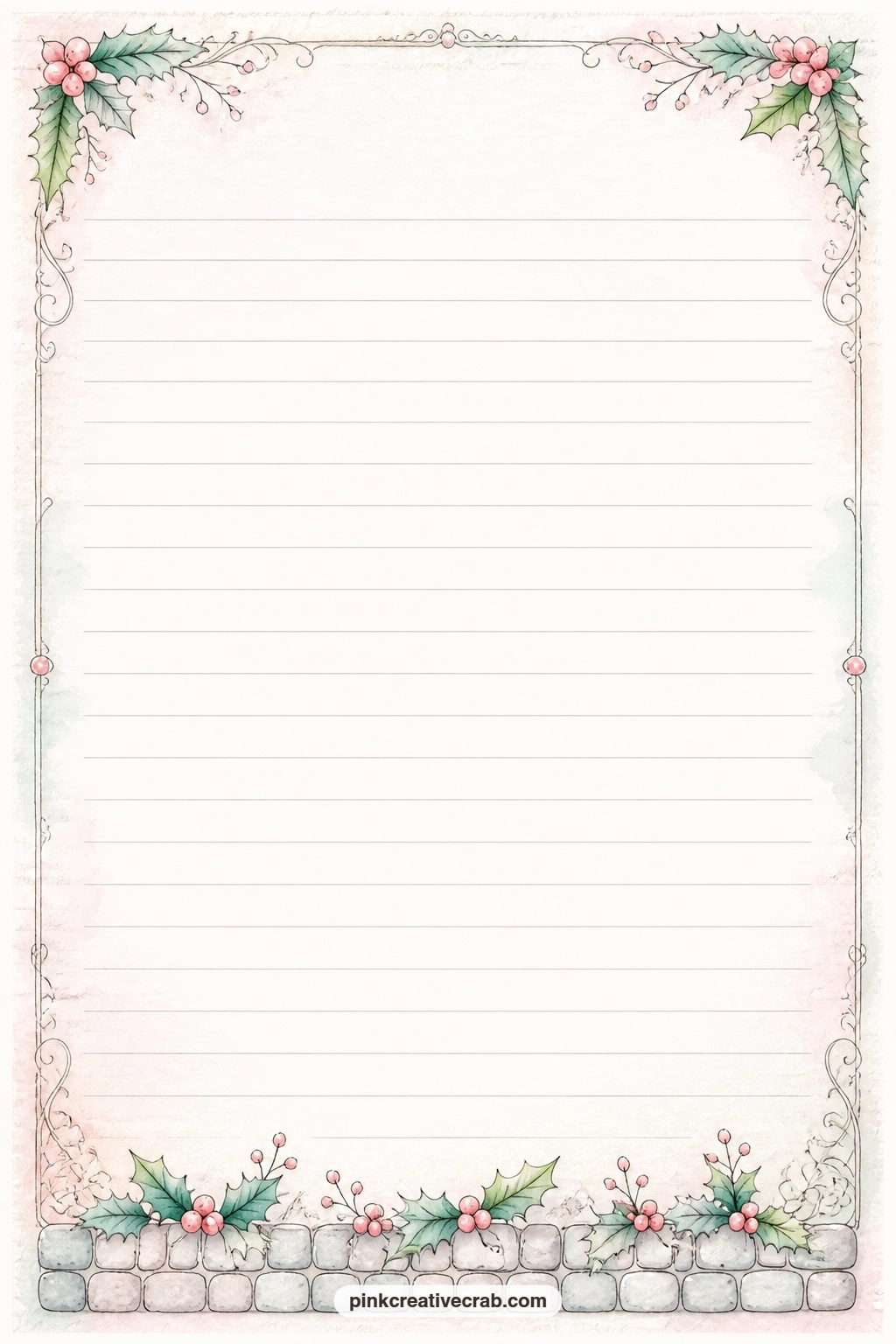 Cobblestone And Holly Footer Lined Page printable page — A footer of cobblestones and sprigs of holly runs along the base of this page, leaving room above for