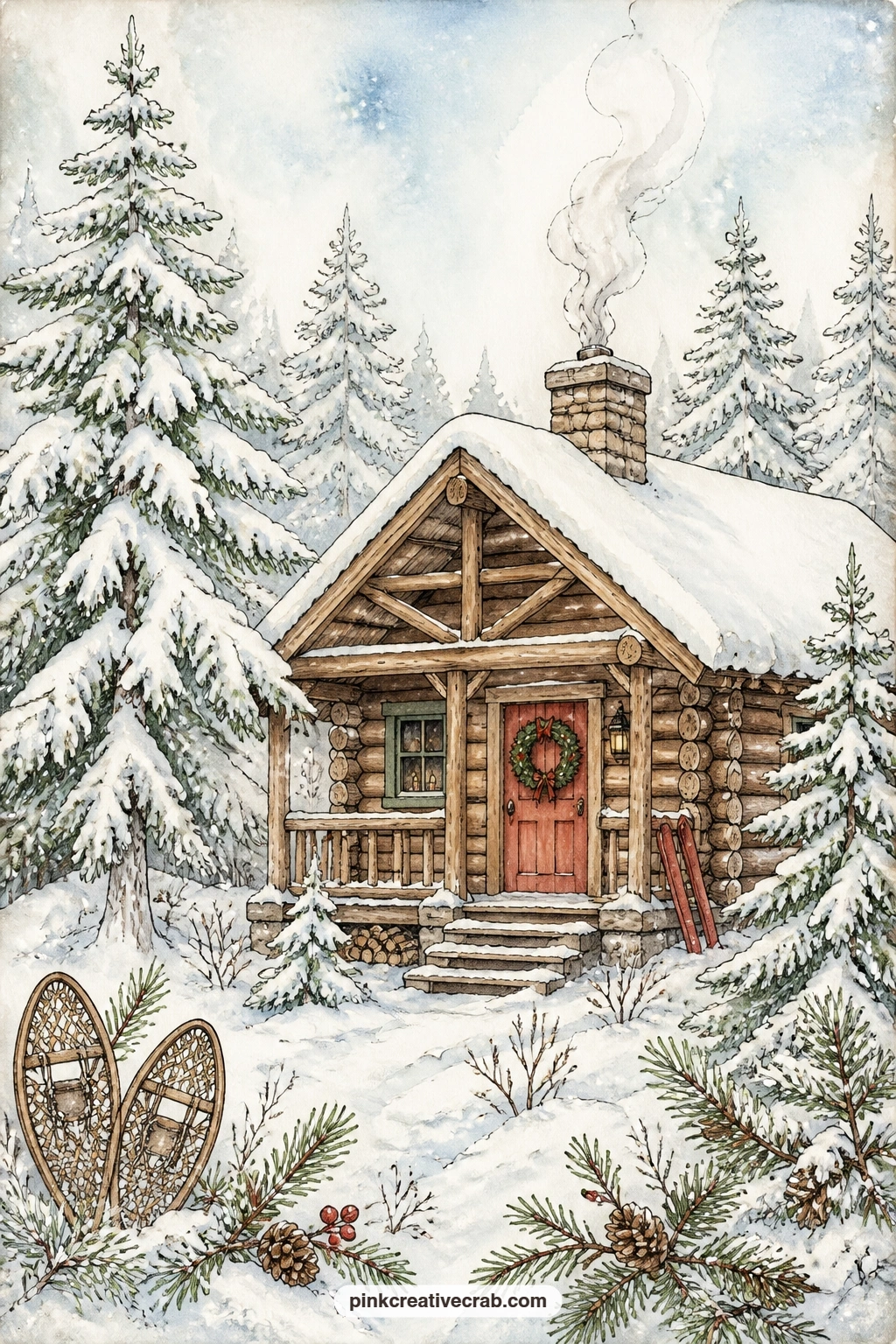 Cabin Among The Snowy Pines printable page — Smoke curls from the chimney of a log cabin tucked among snow-laden pines, a wreath on the door announcing the