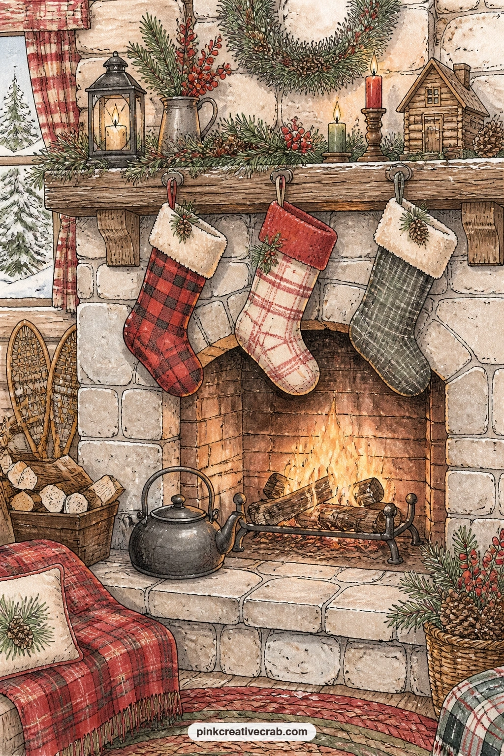 Stone Fireplace With Stockings printable page — Tuck a photo of your own hearth or a scrap of real plaid fabric into the gap beside the stacked logs, so the