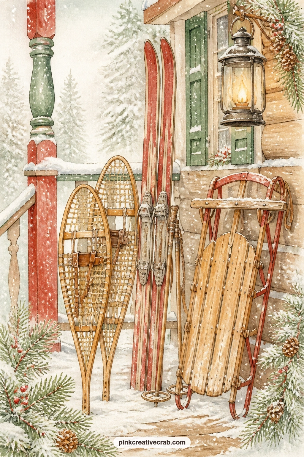 Snowshoes Skis And Sled On The Porch printable page — Pair this one with the buffalo check lined page a few sheets along and let the gear on the porch