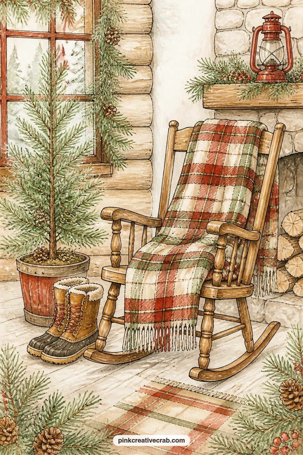 Plaid Blanket On The Rocking Chair printable page — A folded plaid blanket drapes over a rocking chair beside a small pine tree and a pair of worn boots, the