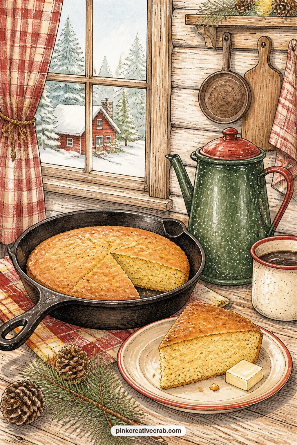 Cabin Kitchen Skillet And Cornbread printable page — The usual mistake here is cramming in every kitchen tool at once until the page feels cluttered. Christmas
