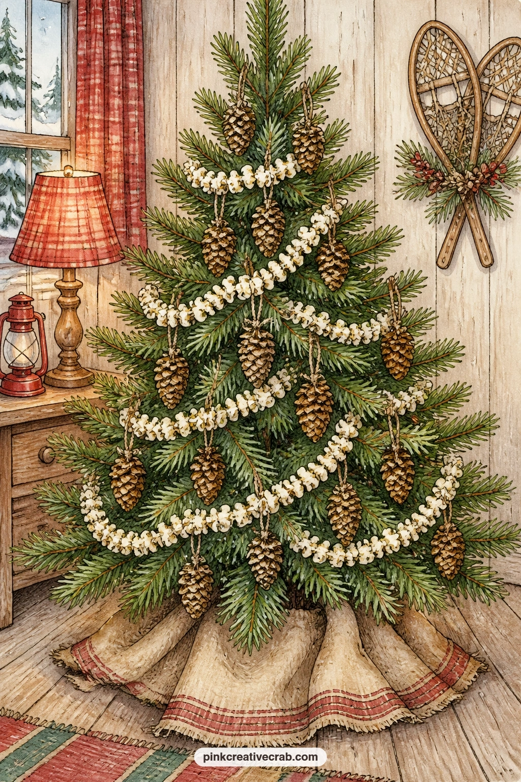 Rustic Tree With Pinecone Ornaments printable page — Pinecones, strung popcorn and a burlap tree skirt dress a rustic pine in the corner of the cabin, simple