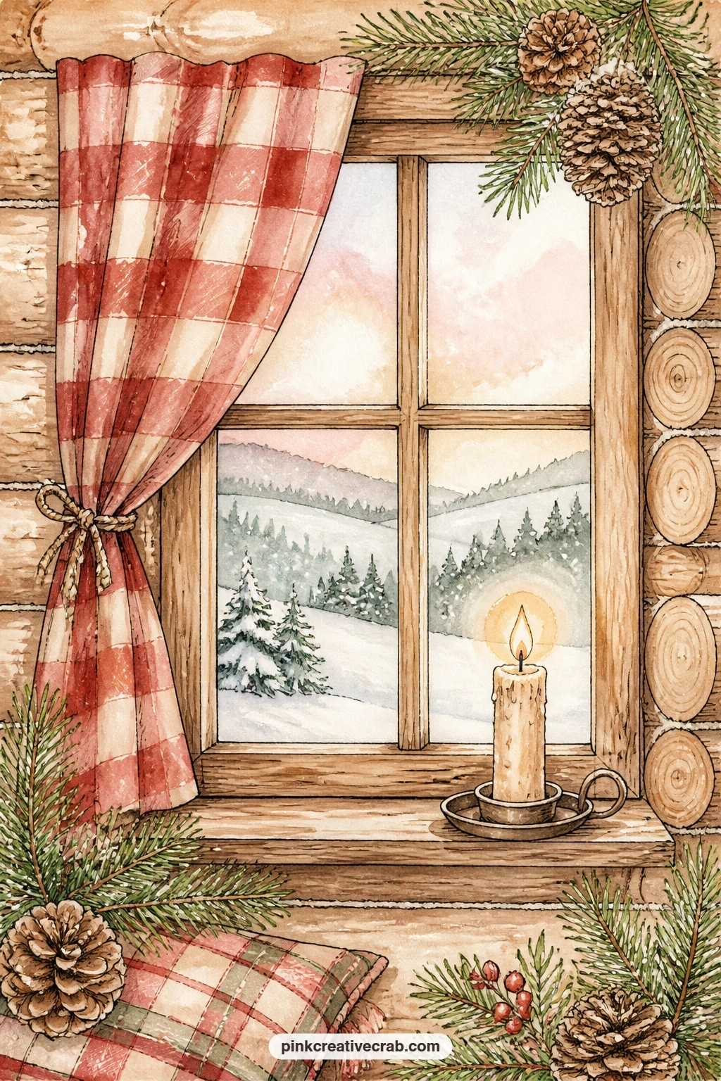 Cabin Window With Candle And Checked Curtain printable page — This one suits the reader who journals about quiet evenings rather than busy ones, the person a