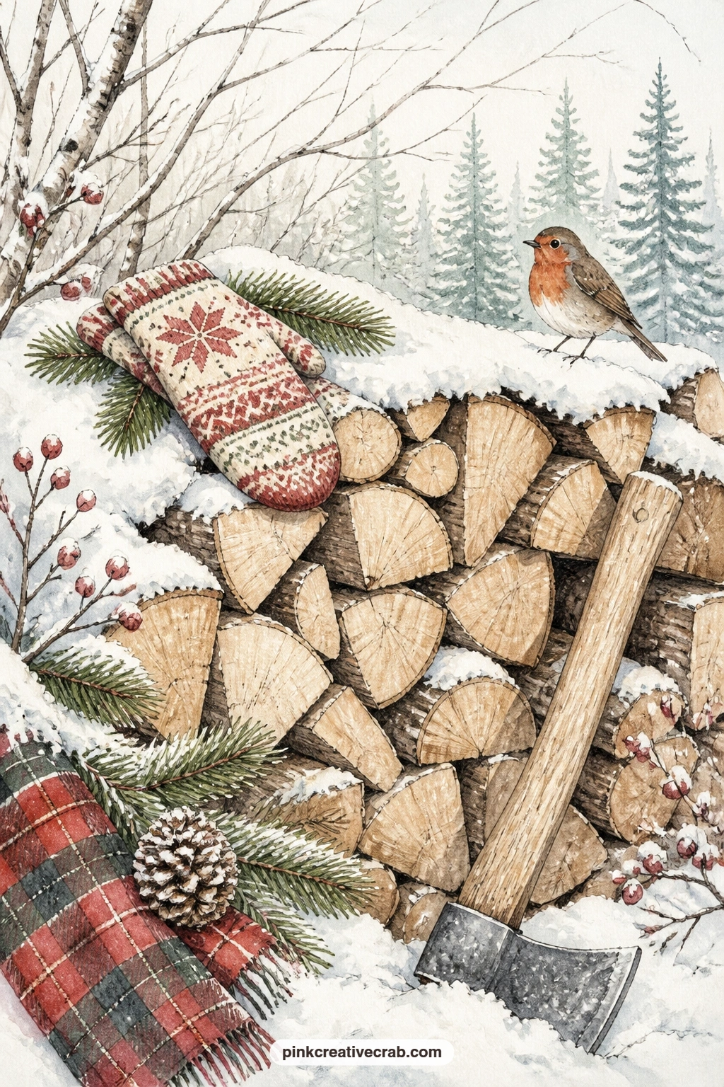 Woodpile Under Snow With A Robin printable page — What would you write beside this one: a note about the first snowfall, a line about chopping wood, or just