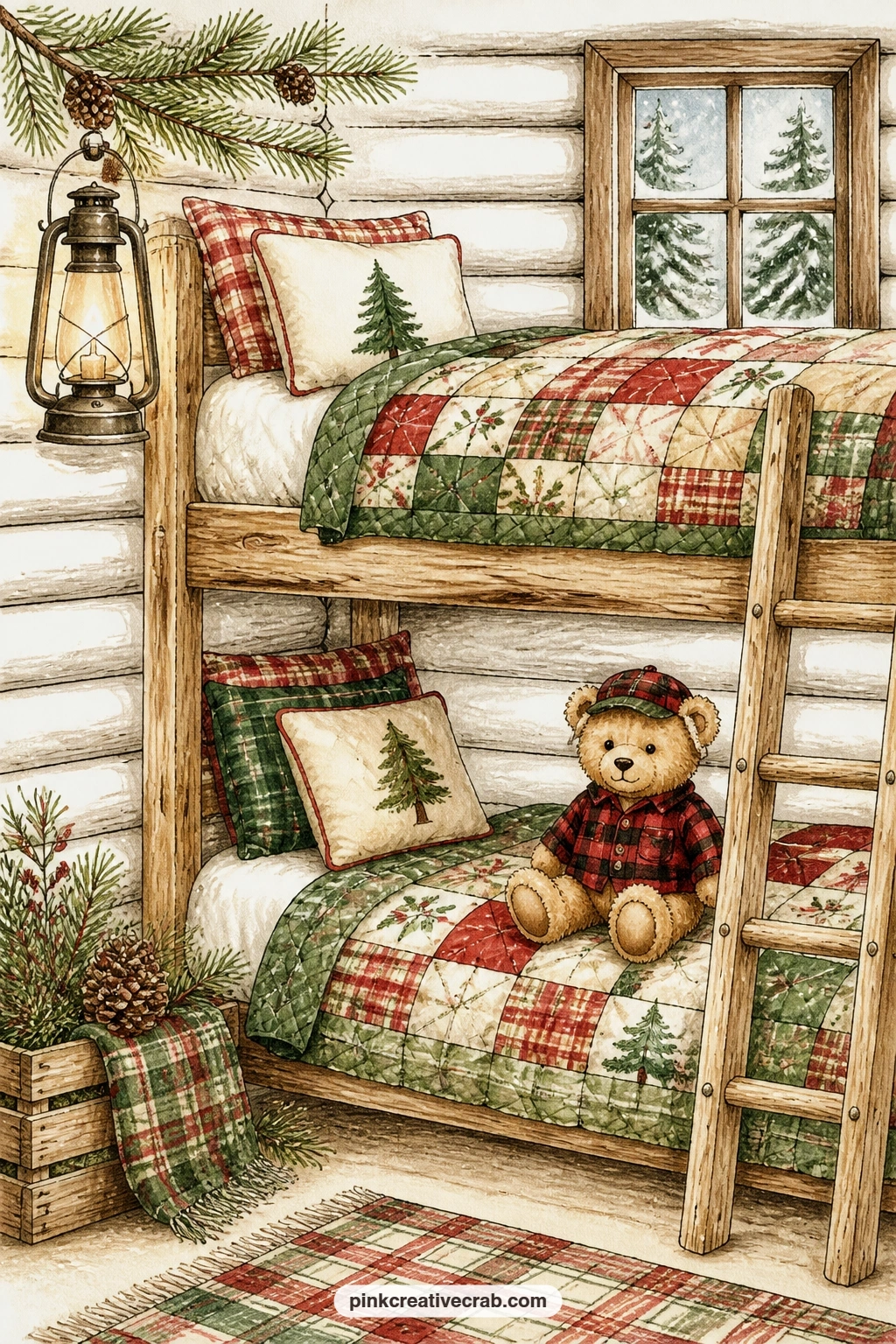 Bunk Bed With Quilts And Lantern printable page — A patchwork quilt, a glowing lantern and a teddy bear in flannel pajamas settle into a wooden bunk bed, the