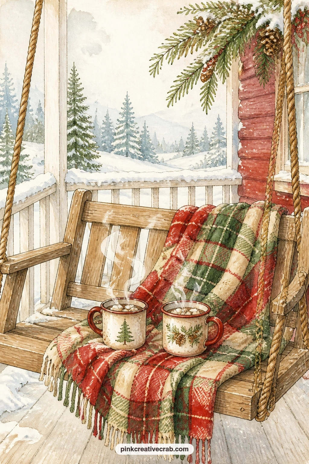 Porch Swing With Cocoa Mugs printable page — Five minutes is all this page needs: paint or print it, then set two mugs of cocoa steaming on the swing and write