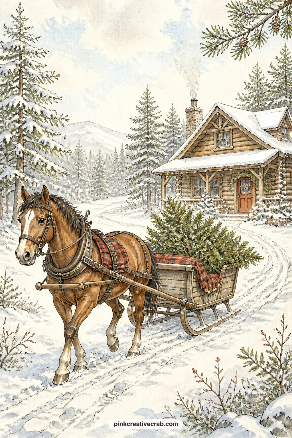 Horse And Sleigh Bringing Home The Tree printable page — A horse pulls a sleigh loaded with a freshly cut tree back toward the cabin, hoofprints trailing