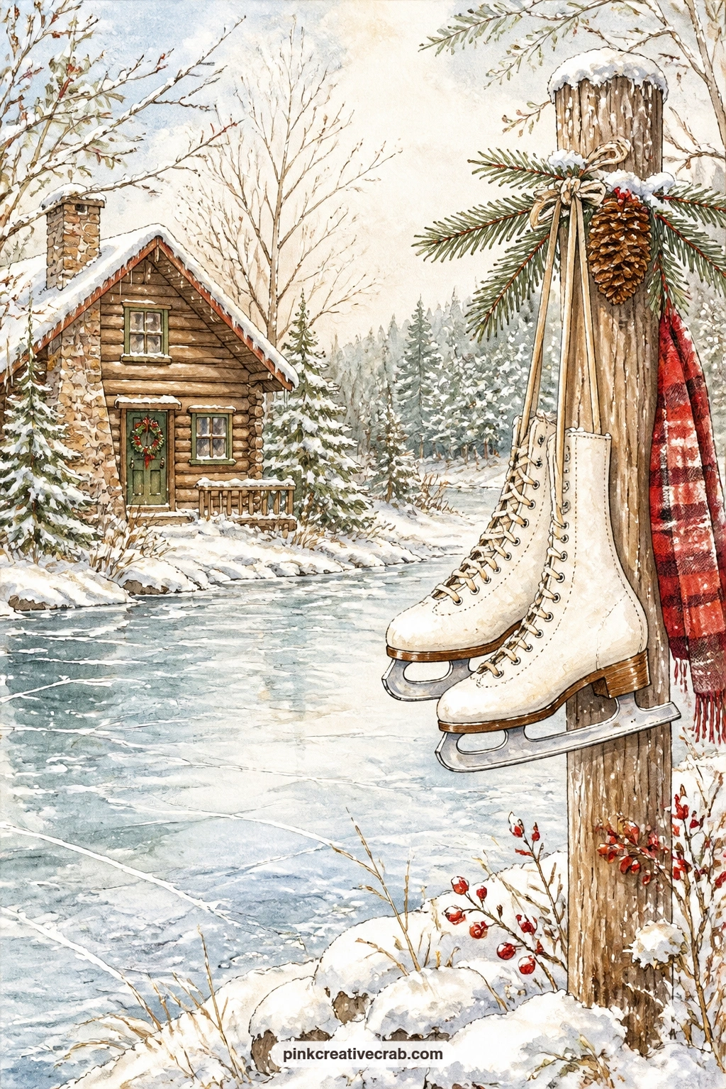 Frozen Lake With Hanging Ice Skates printable page — Glue a torn luggage tag or a small paper label onto the skate laces and write the date of your own first