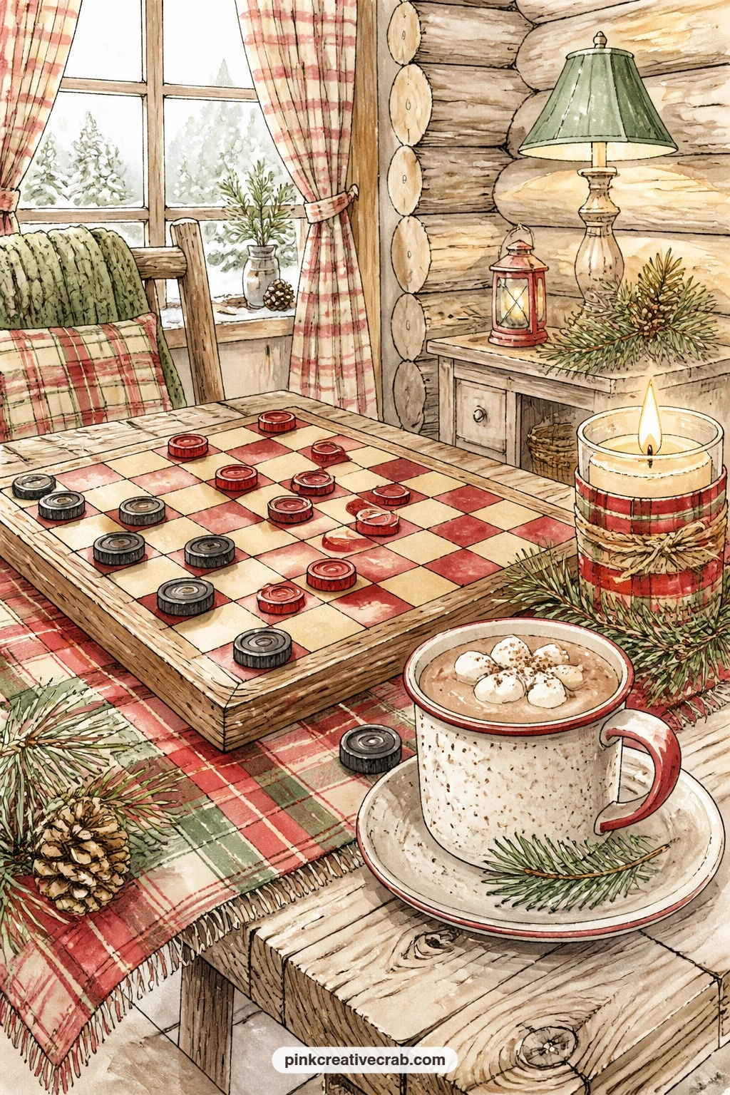 Cabin Table With Checkers And Cocoa printable page — A checkers board sits mid-game on a wooden cabin table, a mug of cocoa and a lit pine candle keeping
