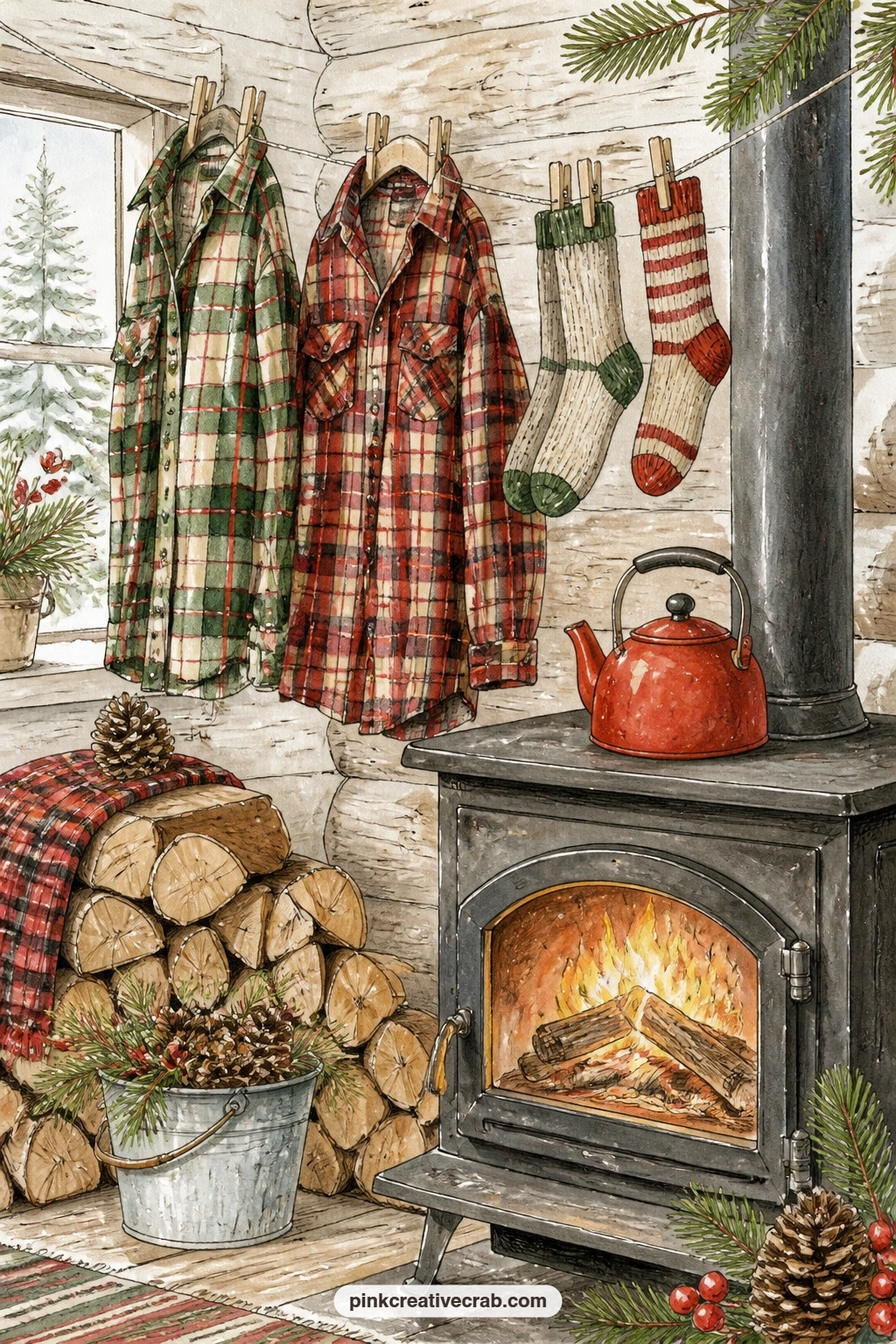 Flannel Shirts Drying By The Stove printable page — Wool socks and flannel shirts hang drying near a wood stove, a kettle warming on top for cocoa or tea once