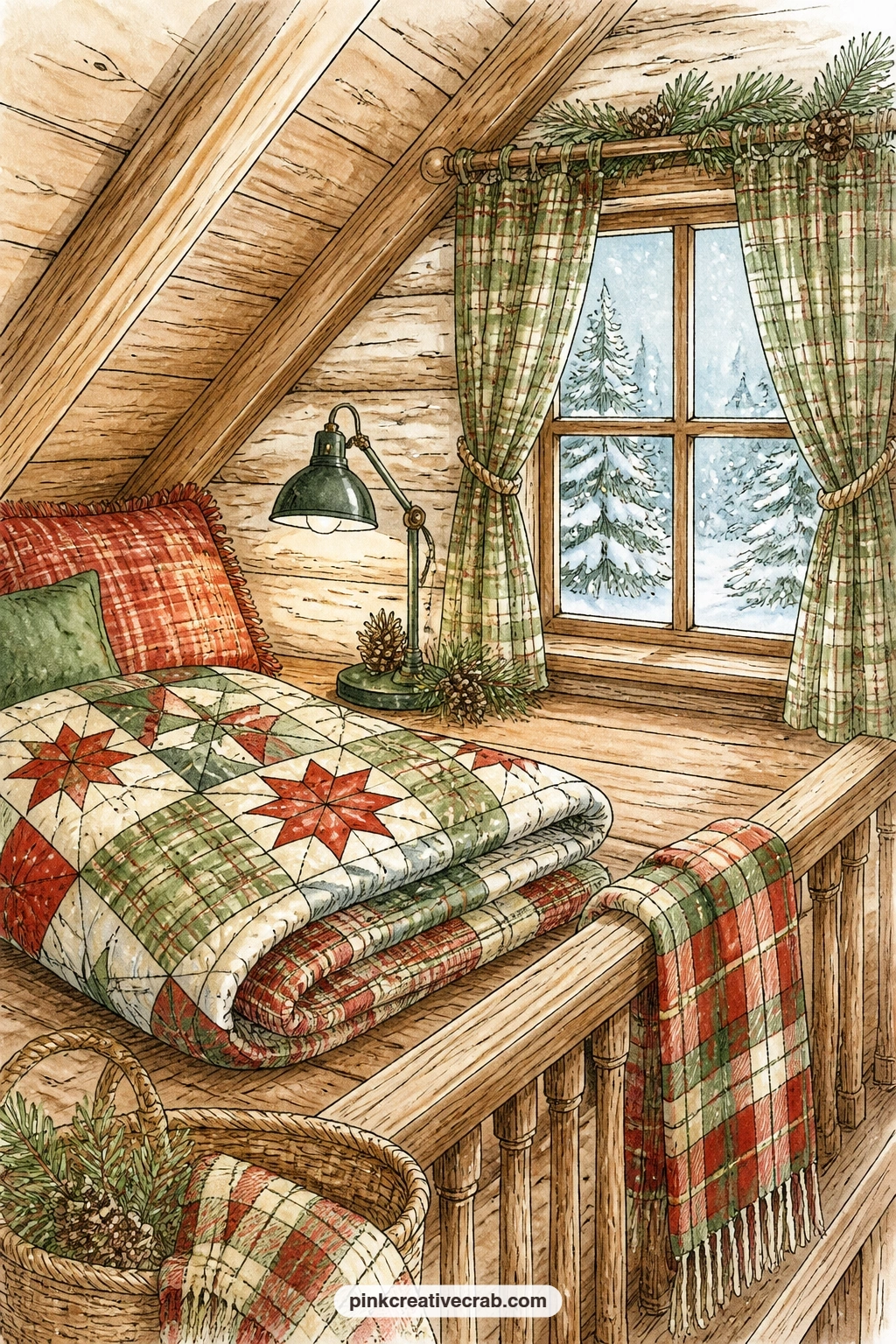 Cabin Loft With Reading Lamp printable page — A quilt and a small reading lamp furnish a cozy loft, snow falling steadily past the little window above.