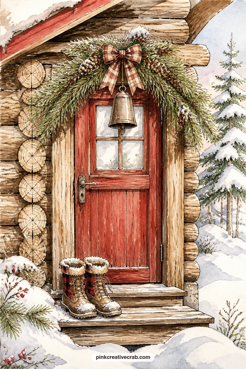 Cabin Doorway With Pine Swag printable page — A pine swag and a cowbell decorate a cabin doorway, snowy boots left just outside on the step. Christmas cabin