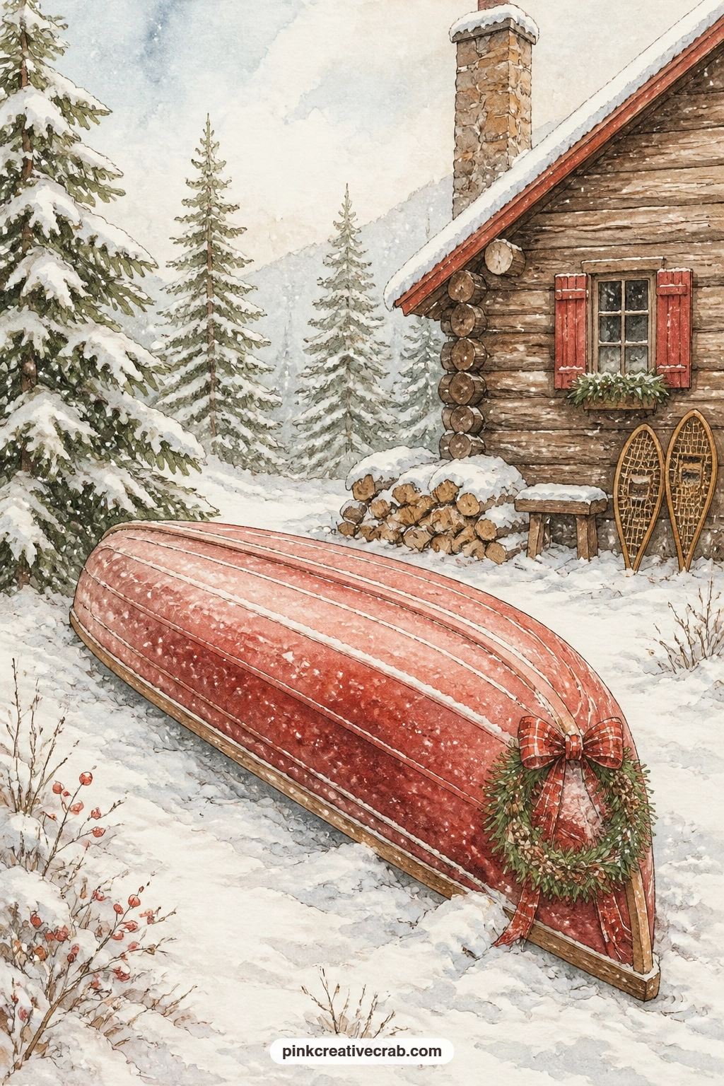 Canoe Flipped In The Snow With A Wreath printable page — Tear the edge of this page roughly before gluing it in, the kind of rough tear that suits a summer