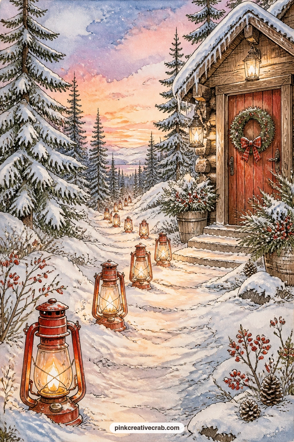 Snowy Path Of Lanterns To The Door printable page — A row of lanterns lines a snowy path leading up to the cabin door, each one glowing softly against the dark