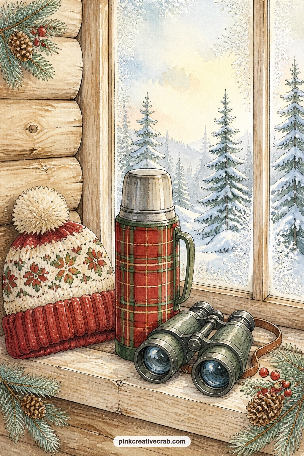 Wool Hat Thermos And Binoculars On The Sill printable page — A wool hat, a thermos and a pair of binoculars wait on a cabin windowsill, ready for whoever heads