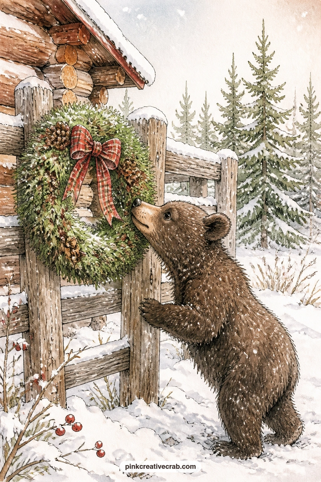 Bear Cub Sniffing A Wreath printable page — A young bear cub noses curiously at a wreath hung on a cabin fence, snow settling quietly around its paws.