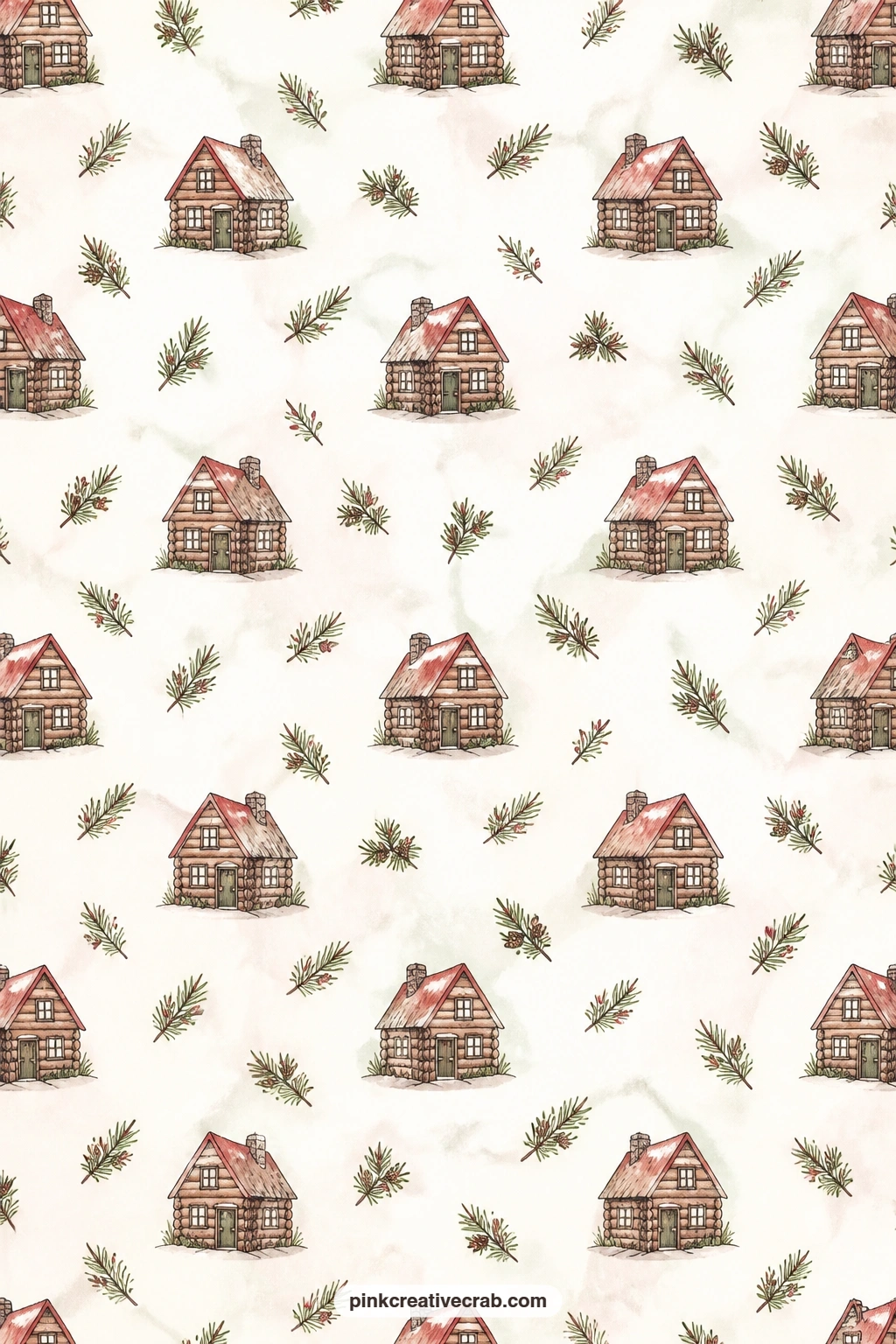 Tiny Log Cabin Pattern printable page — Rows of tiny log cabins and pine sprigs make a quieter paper, good under a cluster of photos, as a soft pocket lining