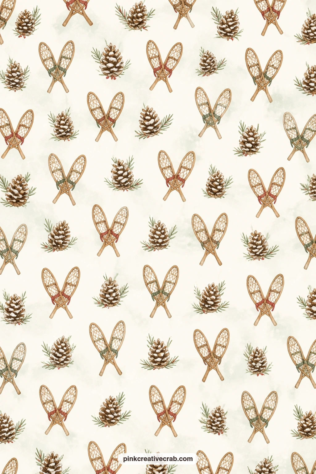Snowshoe And Pinecone Pattern printable page — Small snowshoes and pinecones scatter across this paper, suited to a cover wrap, a pocket for ticket stubs from