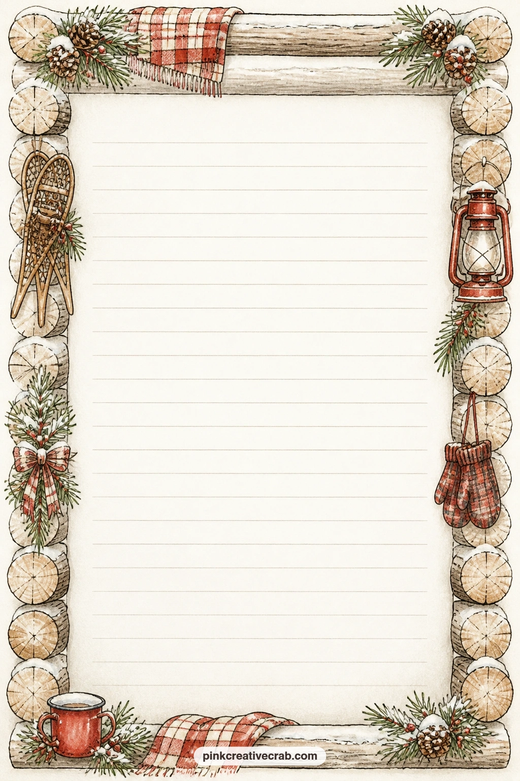 Log Beam Frame Lined Page printable page — A frame of log beams borders this page, the ruled lines inside left open for a gift list, a note on this year's tree