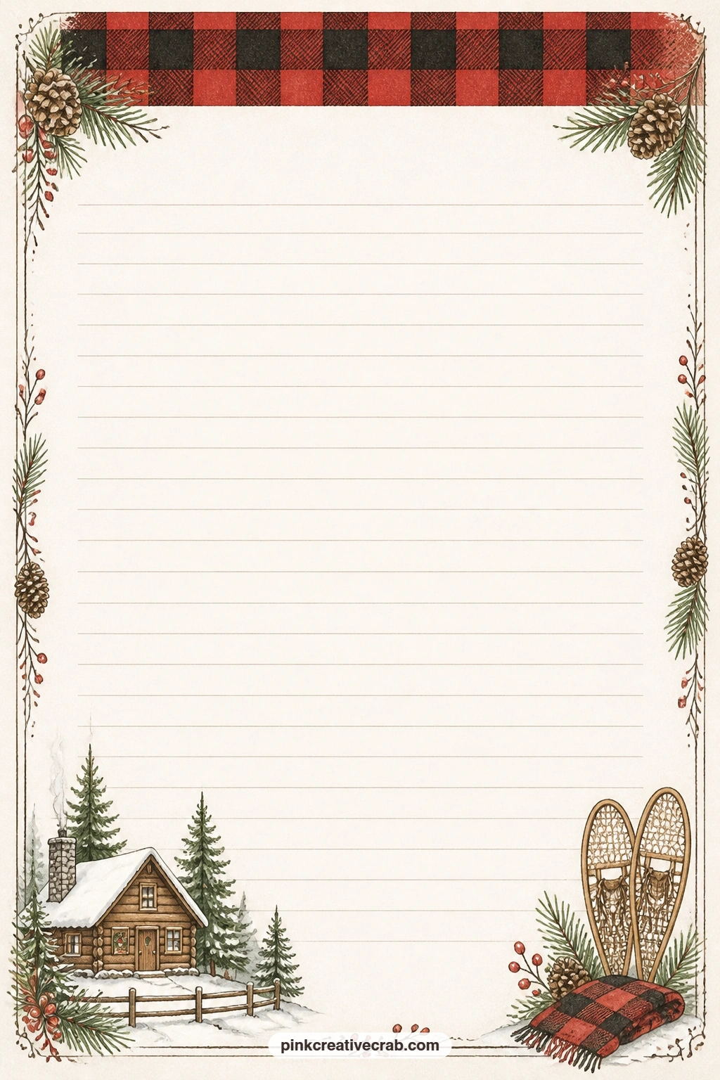 Buffalo Check Band Top Lined Page printable page — A band of buffalo check runs across the top of this page, the lines below ready for a cabin menu, a packing