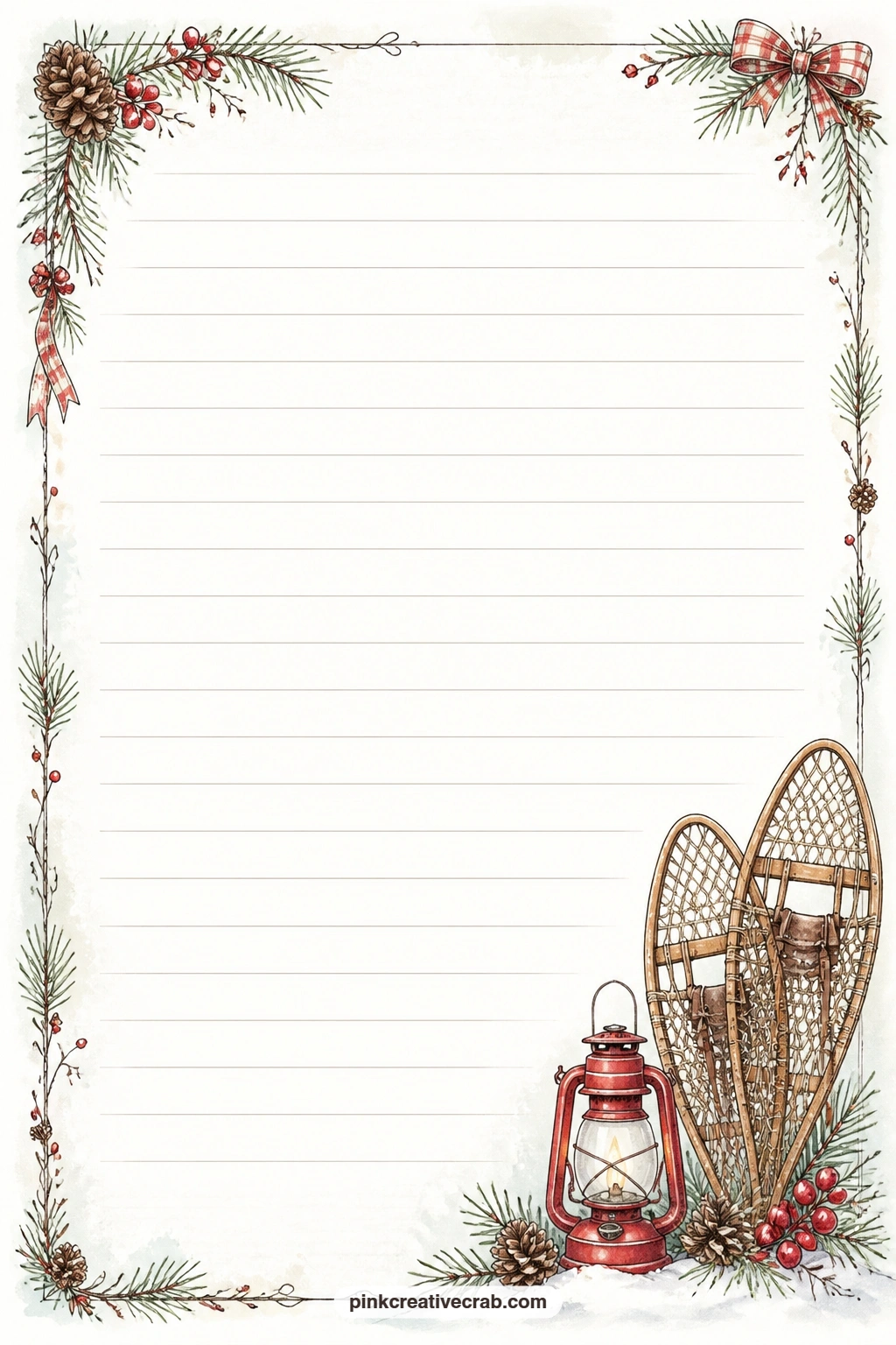 Snowshoe And Lantern Corner Lined Page printable page — Snowshoes and a small lantern decorate one corner of this page, the ruled lines beneath suited to a